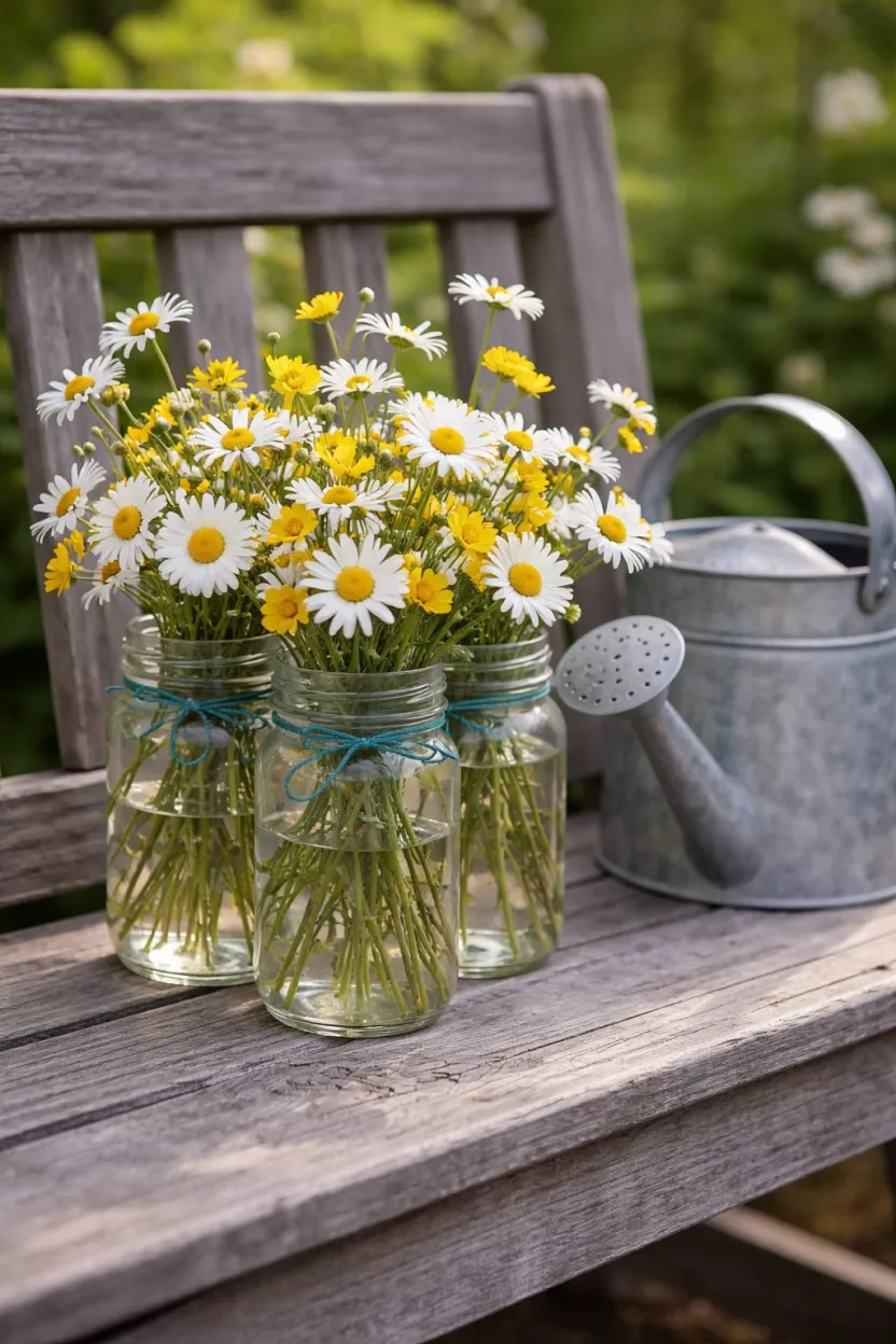 A realistic photo of three clear glass mason jars of different heights filled with white daisies and yellow buttercups, tied together with a teal blue twine string, sitting on a weathered gray wooden bench with a galvanized metal watering can nearby.