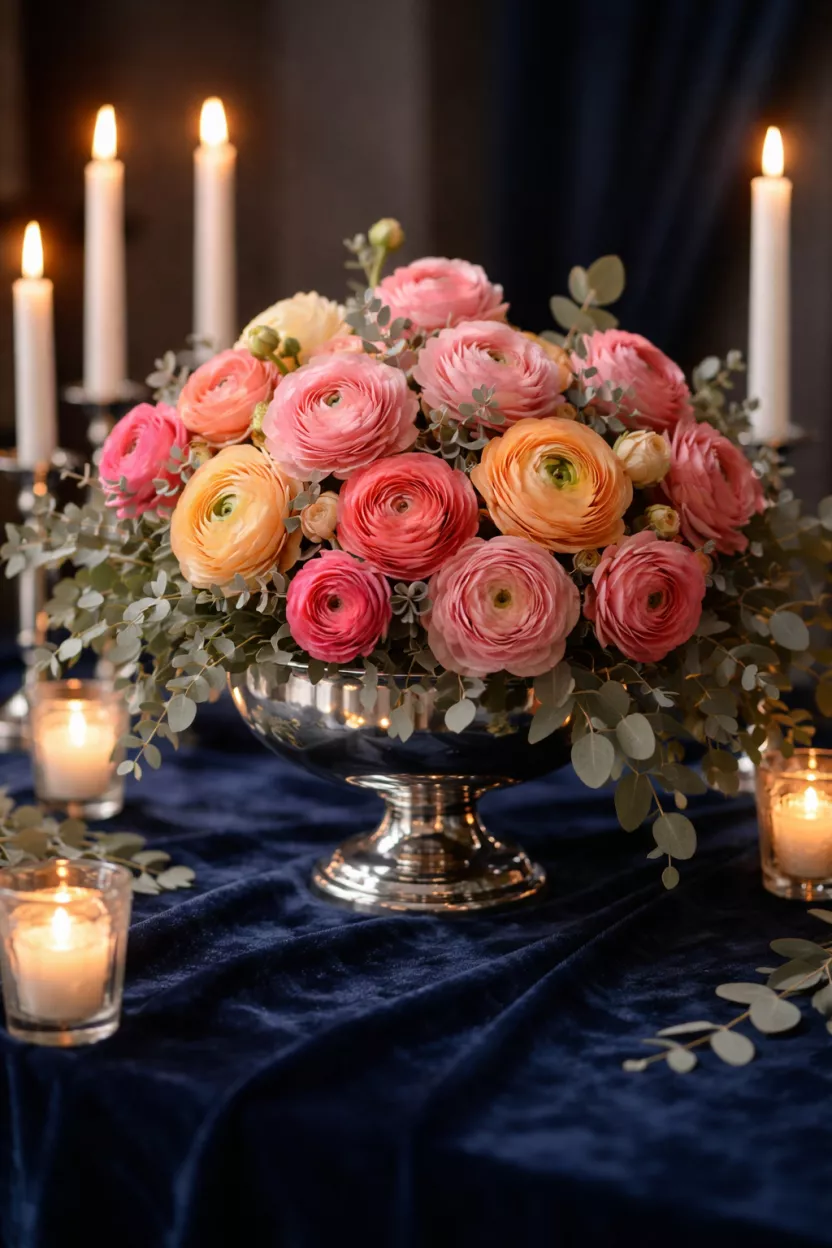 A realistic photo of a low polished silver pedestal bowl overflowing with multi-layered pink and orange ranunculus flowers, surrounded by silver eucalyptus leaves and white taper candles on a luxurious navy blue velvet tablecloth in a dim room.