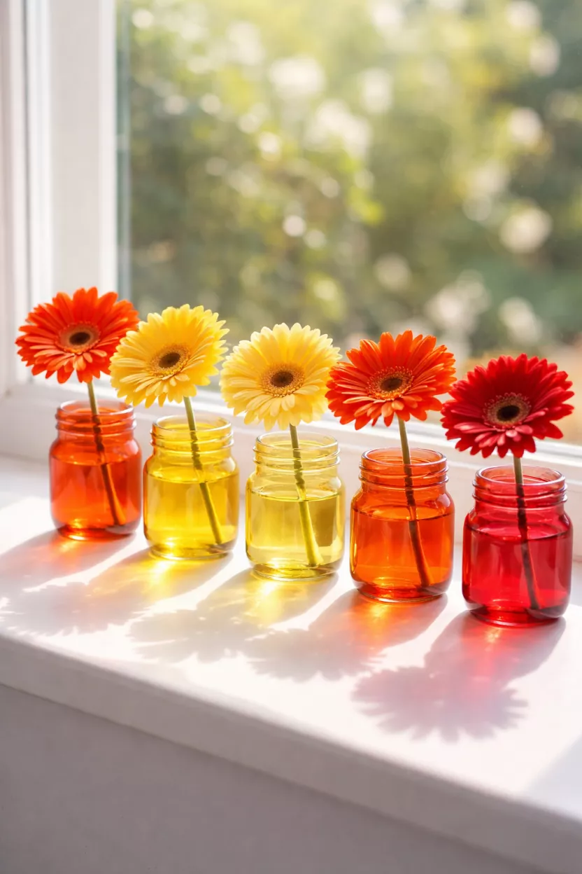 A realistic photo of five small glass jars in various colors like orange, yellow, and red, each holding a single matching gerbera daisy, lined up along a bright white windowsill with sunlight streaming through and casting colorful shadows.