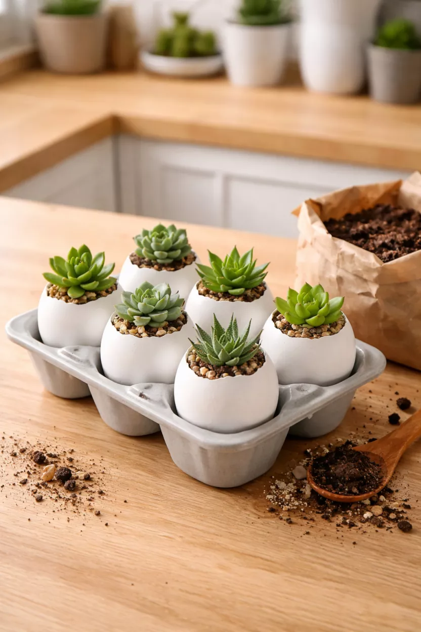 A realistic photo of six white eggshells used as tiny planters for small green succulents, arranged in a light gray ceramic egg carton on a light wood kitchen counter with a small bag of potting soil nearby.