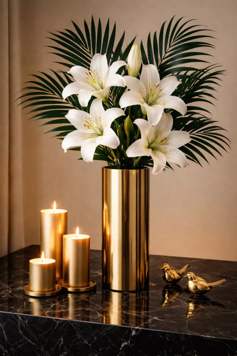 A realistic photo of a sleek metallic gold cylindrical vase holding several large white trumpeted lilies and dark green palm leaves, standing on a polished black marble surface with elegant gold candles and tiny gold decorative birds nearby under warm lighting.