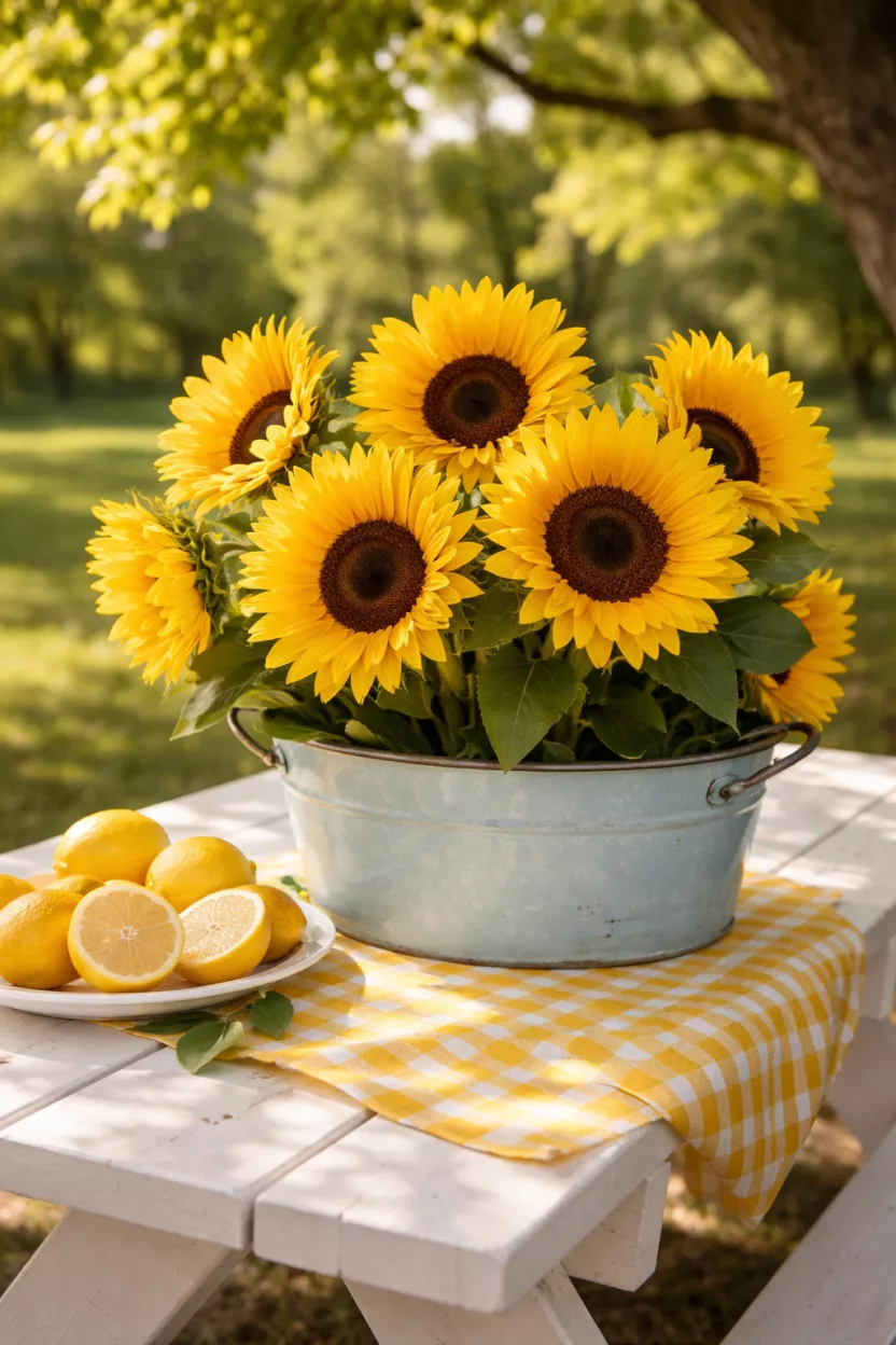 A realistic photo of large bright yellow sunflowers in a small vintage blue enamel tub, placed on a white wooden picnic table with a yellow checkered cloth and a plate of lemons under a shady tree.