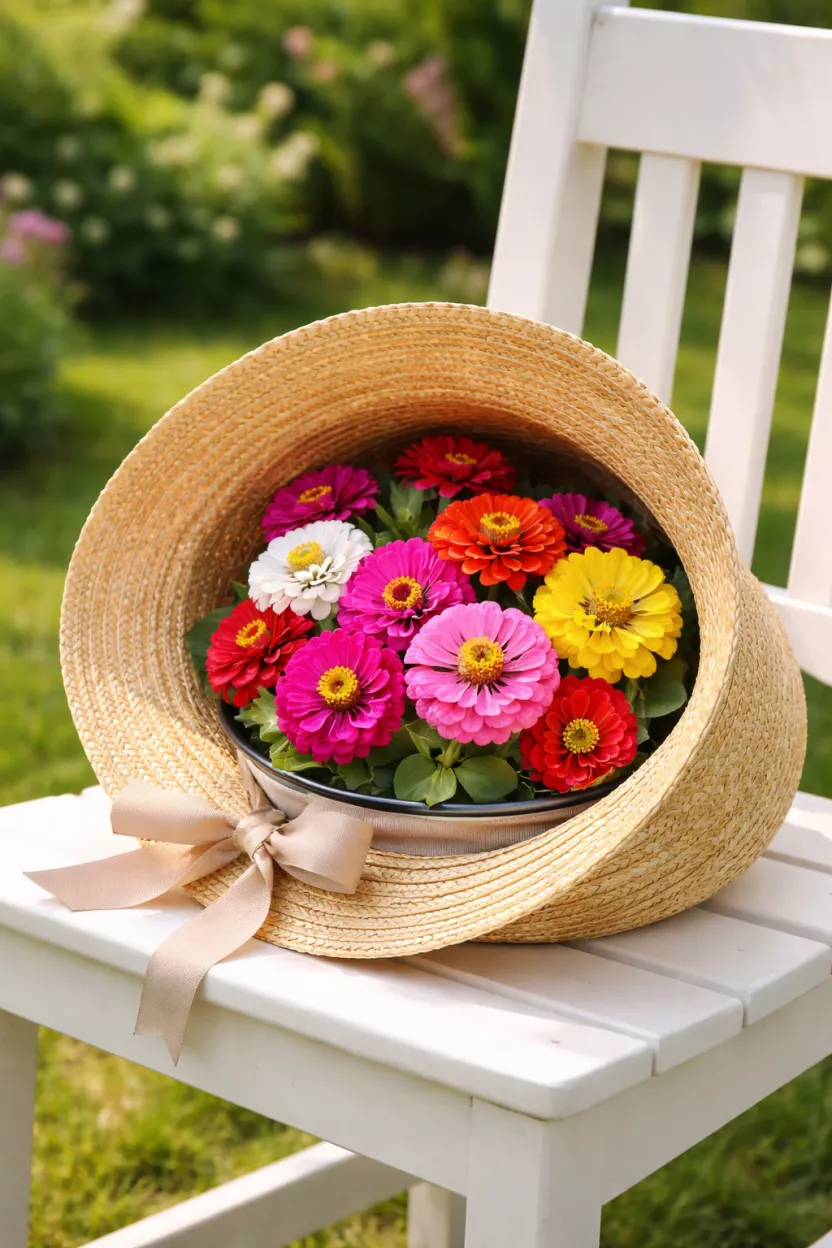 A realistic photo of a wide-brimmed straw hat lying on its side with a hidden container inside filled with multicolored zinnias, placed on a white garden chair in a lush green backyard setting.