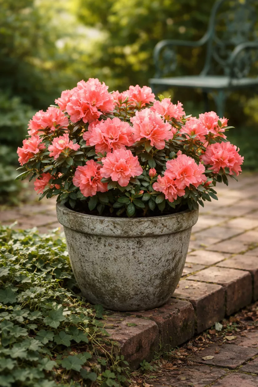 A realistic photo of a bright coral pink azalea plant in a weathered gray stone pot, sitting on a brick patio edge with sprawling ivy and a rustic green iron garden chair in the soft focus background.