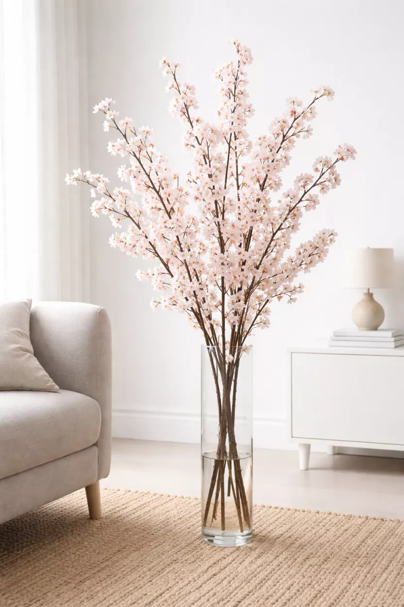 A realistic photo of tall blooming cherry blossom branches with light pink flowers in a tall clear floor vase, standing in a minimalist white living room next to a soft gray armchair and a beige jute rug.