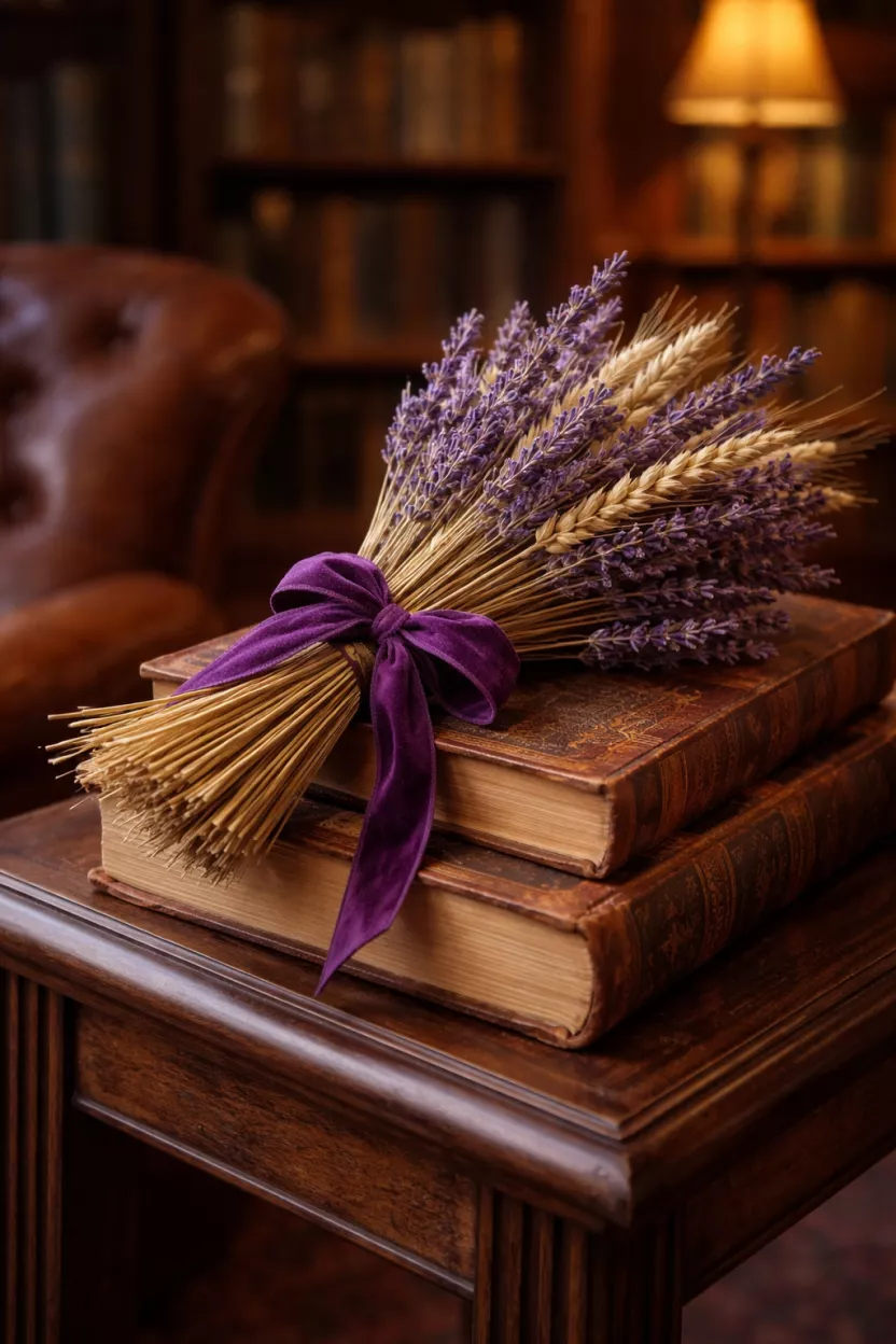 A realistic photo of a bundle of dried purple lavender and golden wheat stalks tied with a purple velvet ribbon, lying on a stack of old leather books on a dark wood end table inside a cozy library.