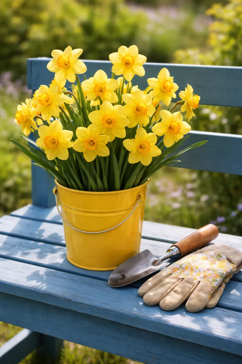 A realistic photo of bright yellow daffodils packed into a sunny yellow metal tin, placed on a blue garden bench with a pair of gardening gloves and a small hand trowel lying next to it.