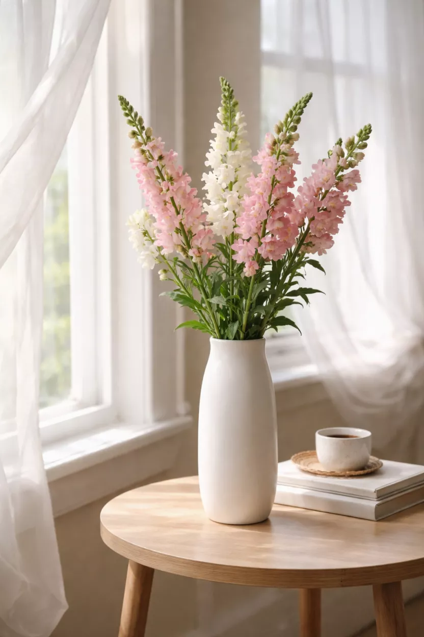 A realistic photo of tall pink and white snapdragon stalks in a slender white ceramic vase, standing on a round light wood side table next to a window with white sheer curtains blowing in a breeze.