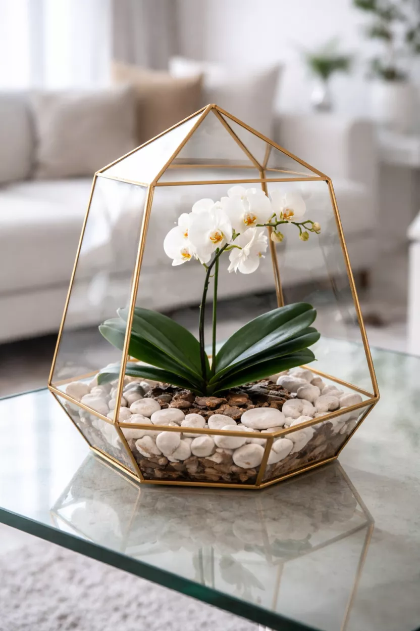 A realistic photo of a geometric glass and gold terrarium containing a single white phalaenopsis orchid with dark green glossy leaves, resting on a bed of white river stones on a modern glass coffee table in a bright room.