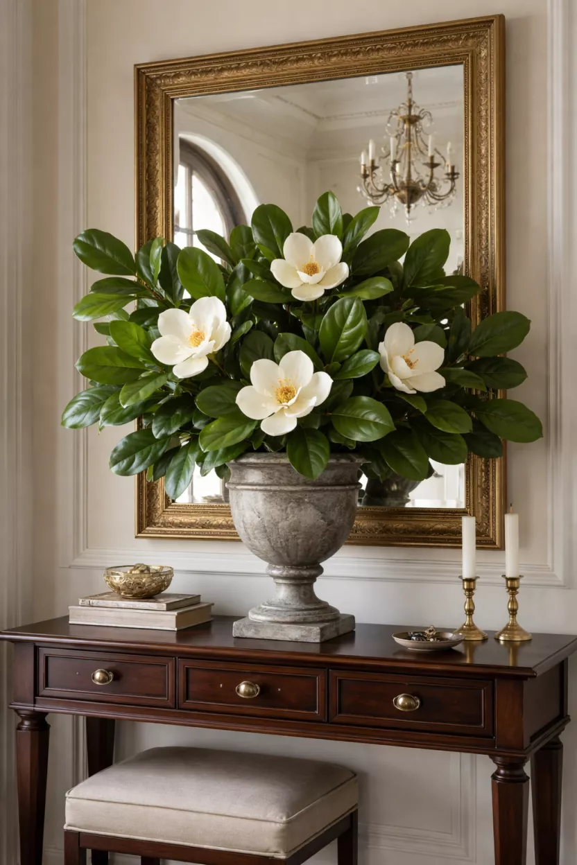 A realistic photo of large green magnolia leaves and white flowers in a heavy gray stone urn, sitting on a dark wood entryway console table with a large gold framed mirror hanging above it.