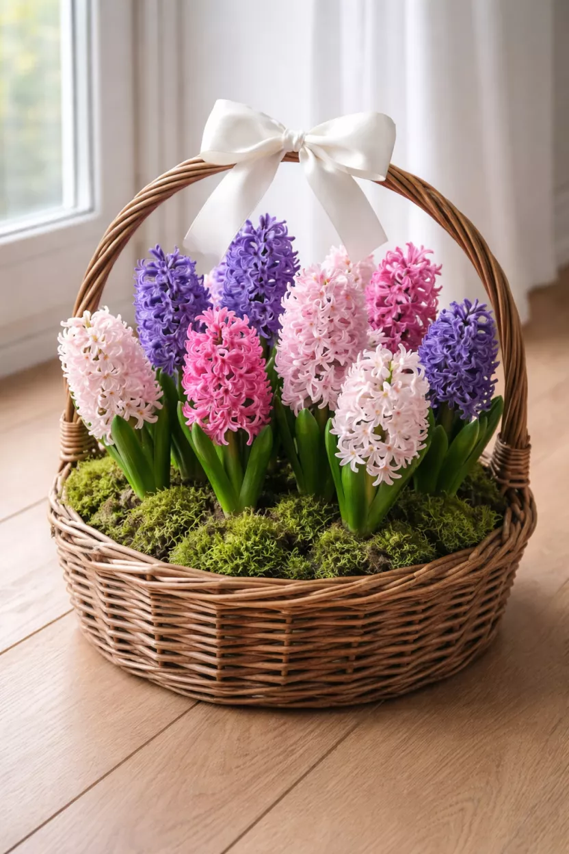 A realistic photo of a round woven willow basket tightly packed with purple and pink hyacinths, featuring moist green moss covering the soil and a large white silk ribbon on the handle, placed on a light oak floor by a bright window.