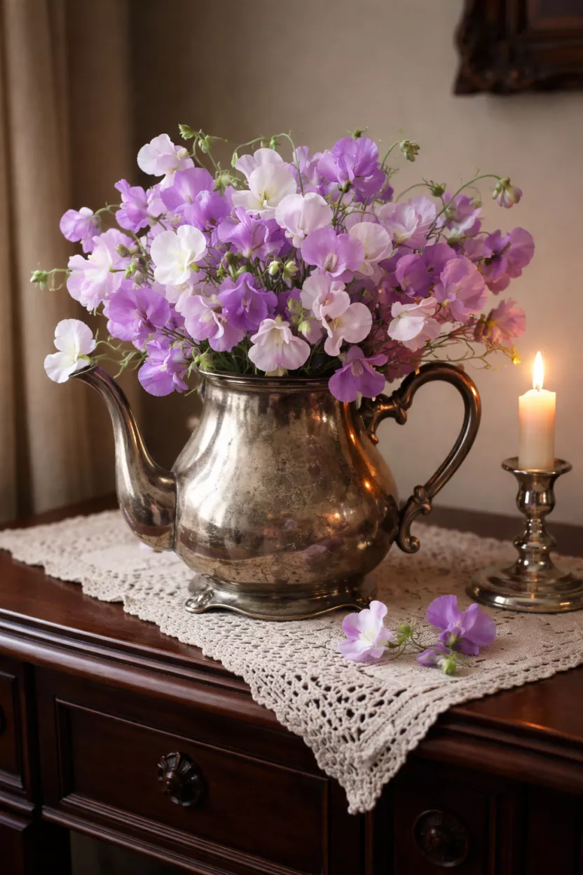 A realistic photo of a tarnished silver teapot overflowing with delicate purple and white sweet peas, sitting on a dark mahogany side table with a vintage lace runner and a small silver candlestick.