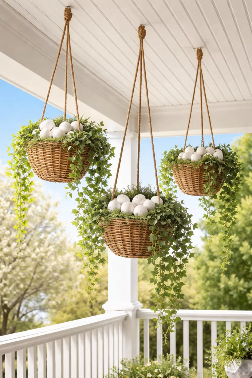 Hanging Egg Basket Clusters A realistic photo of a front porch ceiling featuring three wicker baskets hanging at different heights by thick twine, each filled with white faux eggs and cascading green ivy trailing over the sides against a backdrop of blue sky.