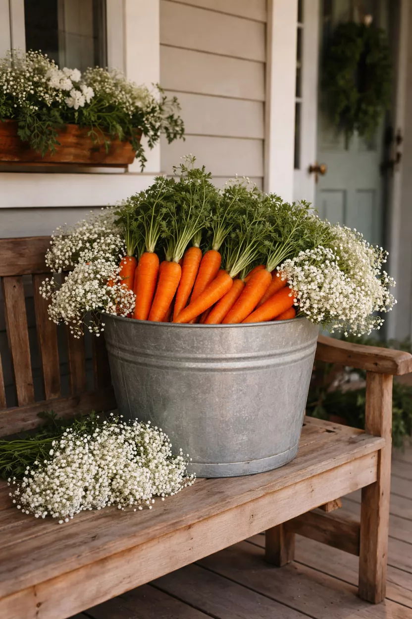 Vintage Galvanized Metal Buckets A realistic photo of a front porch area featuring a large galvanized silver bucket overflowing with bright orange carrots with green tops and several bunches of white baby breath flowers, sitting on a rustic wooden bench.