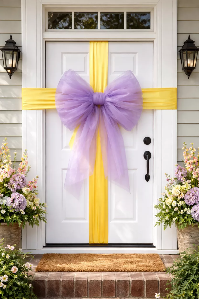 Colorful Ribbon Door Wrap A realistic photo of a front porch white door wrapped horizontally and vertically with wide yellow silk ribbon like a gift box, featuring a massive lavender tulle bow in the center.