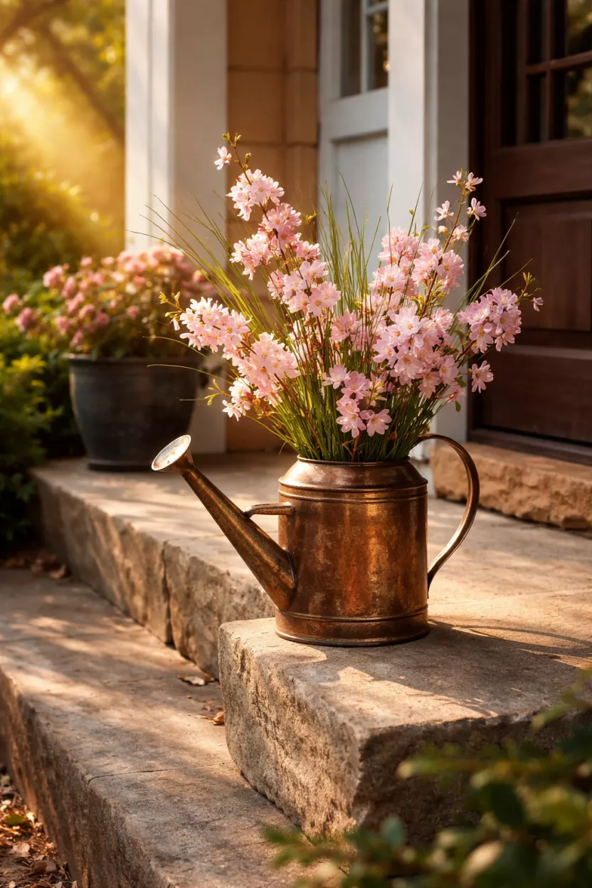 Watering Can Floral Display A realistic photo of a front porch step featuring an antique copper watering can filled with tall stems of pink cherry blossoms and long green blades of grass, catching the light from a nearby sunbeam.
