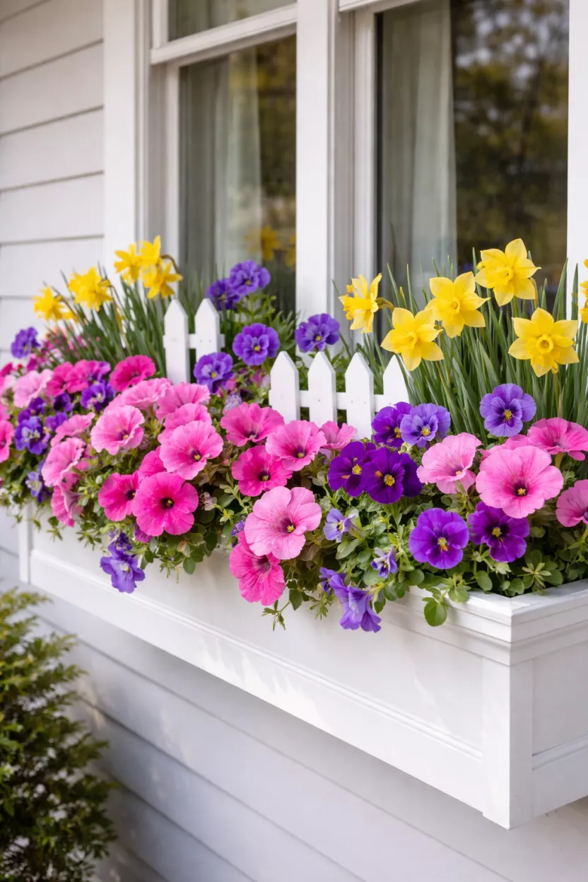 Floral Window Box Explosion A realistic photo of a front porch window box painted white, overflowing with pink petunias, purple pansies, and yellow daffodils, with a few small white picket fence garden stakes tucked into the soil.