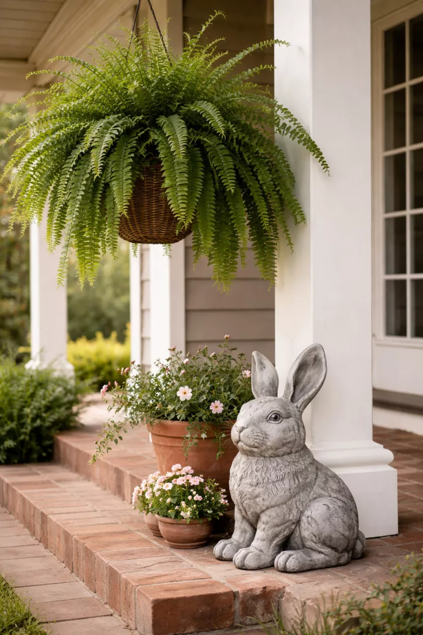 Lush Fern and Bunny Statues A realistic photo of a front porch featuring a large green Boston fern in a hanging basket and a heavy grey stone bunny statue sitting at the base of the pillar on the porch floor.