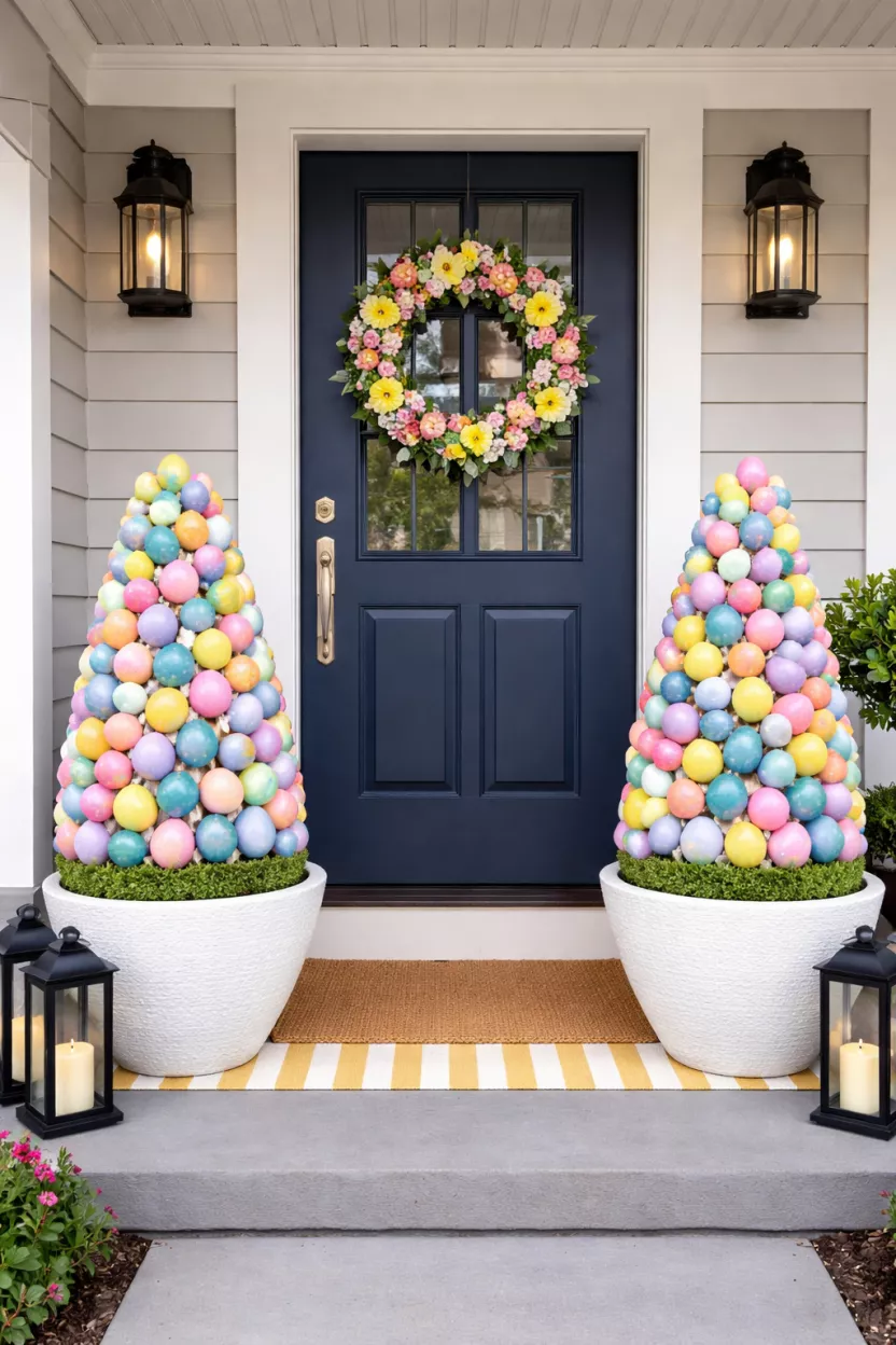 Pastel Egg Topiary Trees A realistic photo of a front porch area showing two small cone shaped trees made entirely of blue, pink, and yellow plastic eggs, sitting in white ceramic pots on either side of the entrance.