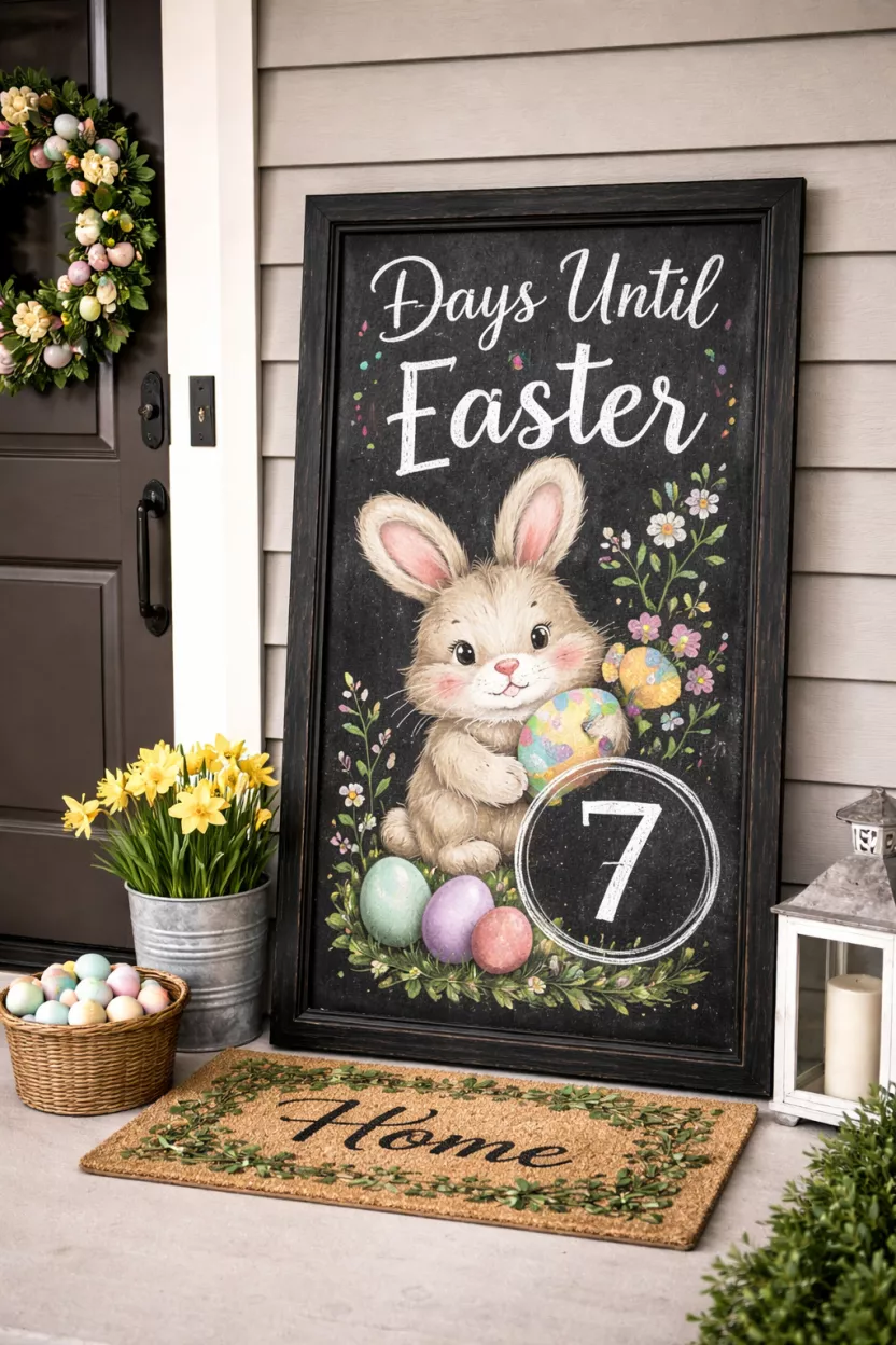 Chalkboard Easter Countdown Sign A realistic photo of a front porch showing a tall black framed chalkboard leaning against the wall, featuring hand drawn chalk art of a bunny and the words 'Days Until Easter' with a number 7 written in a white circle.
