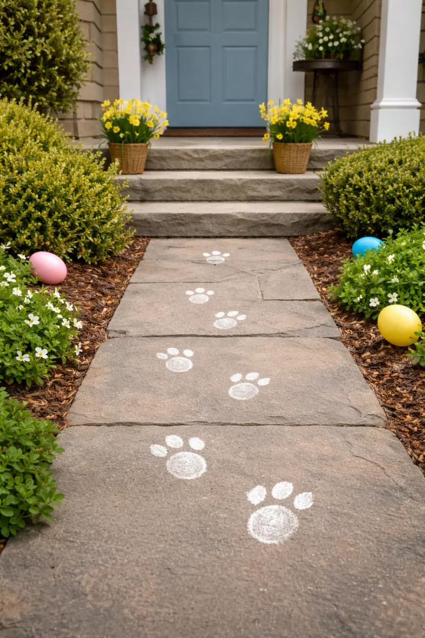 Bunny Footprint Stencils A realistic photo of a front porch walkway featuring small white chalk bunny footprints leading up the stairs to the front door, with a few colorful plastic eggs hidden in the nearby bushes.