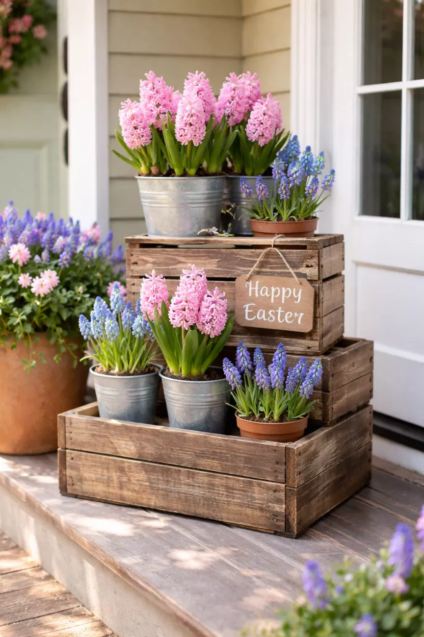 Tiered Crates with Spring Blooms A realistic photo of a front porch corner with three wooden crates stacked in a pyramid, filled with pots of pink hyacinths and blue muscari flowers, and a small sign that says 'Happy Easter'.
