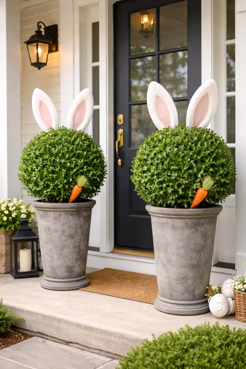 Whimsical Bunny Ear Topiaries A realistic photo of a front porch with a pair of tall round boxwood topiaries in grey stone planters, featuring large white felt bunny ears poking out from the top of the green leaves and a small decorative carrot tucked into the soil.