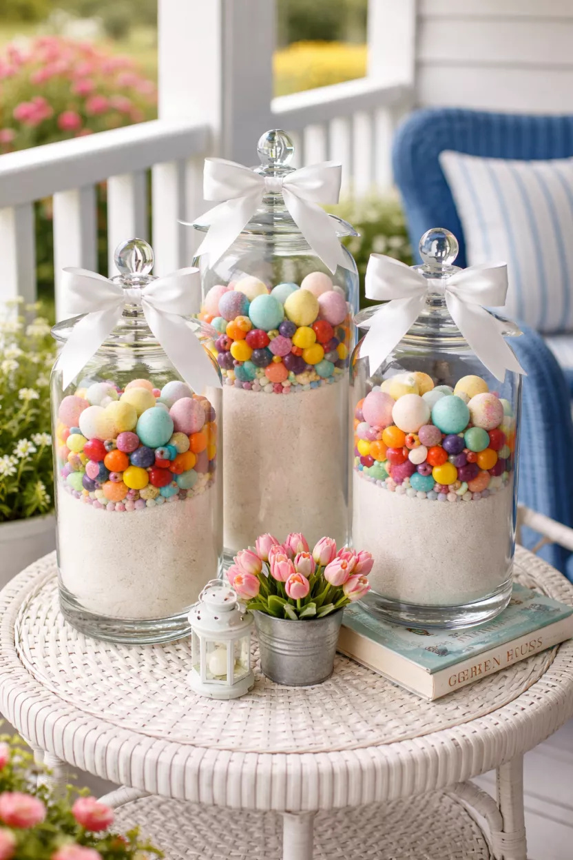 Glass Jar Sand and Egg Display A realistic photo of a front porch side table with three tall clear glass jars of different heights, filled with white sand and layers of colorful jelly beans and speckled eggs, topped with a white bow.