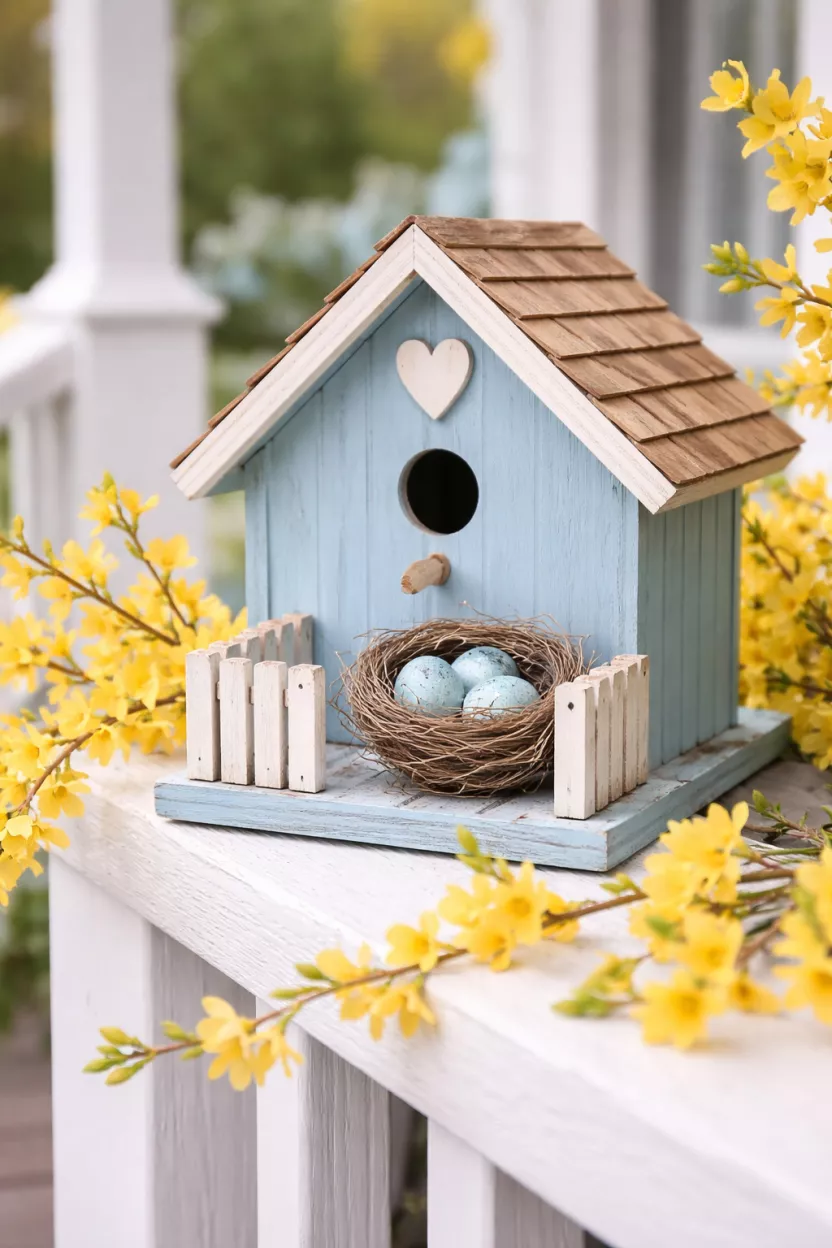 Birdhouse and Nest Accents A realistic photo of a front porch detail showing a decorative wooden birdhouse painted light blue with a small artificial bird nest containing three speckled blue eggs perched on its tiny porch, surrounded by sprigs of yellow forsythia.