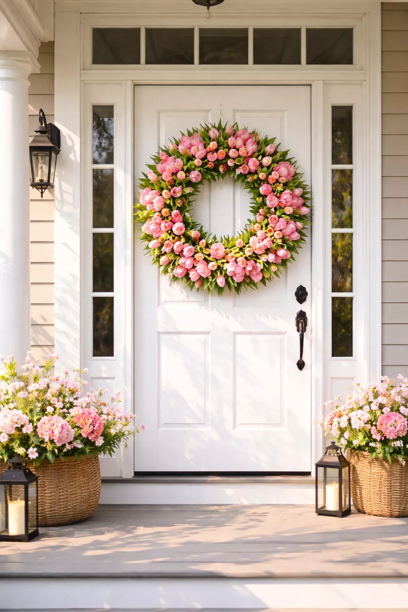 The Classic Tulip Door Wreath A realistic photo of a front porch featuring a large circular wreath made of vibrant pink tulips and lush green leaves hanging on a white wooden door, with the sunlight catching the soft petals and highlighting the natural texture of the floral arrangement against the clean background.