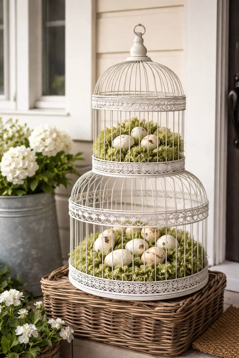 Stacked Decorative Bird Cages A realistic photo of a front porch featuring two white wire bird cages of different sizes stacked on top of each other, filled with artificial light green moss and several speckled eggs.