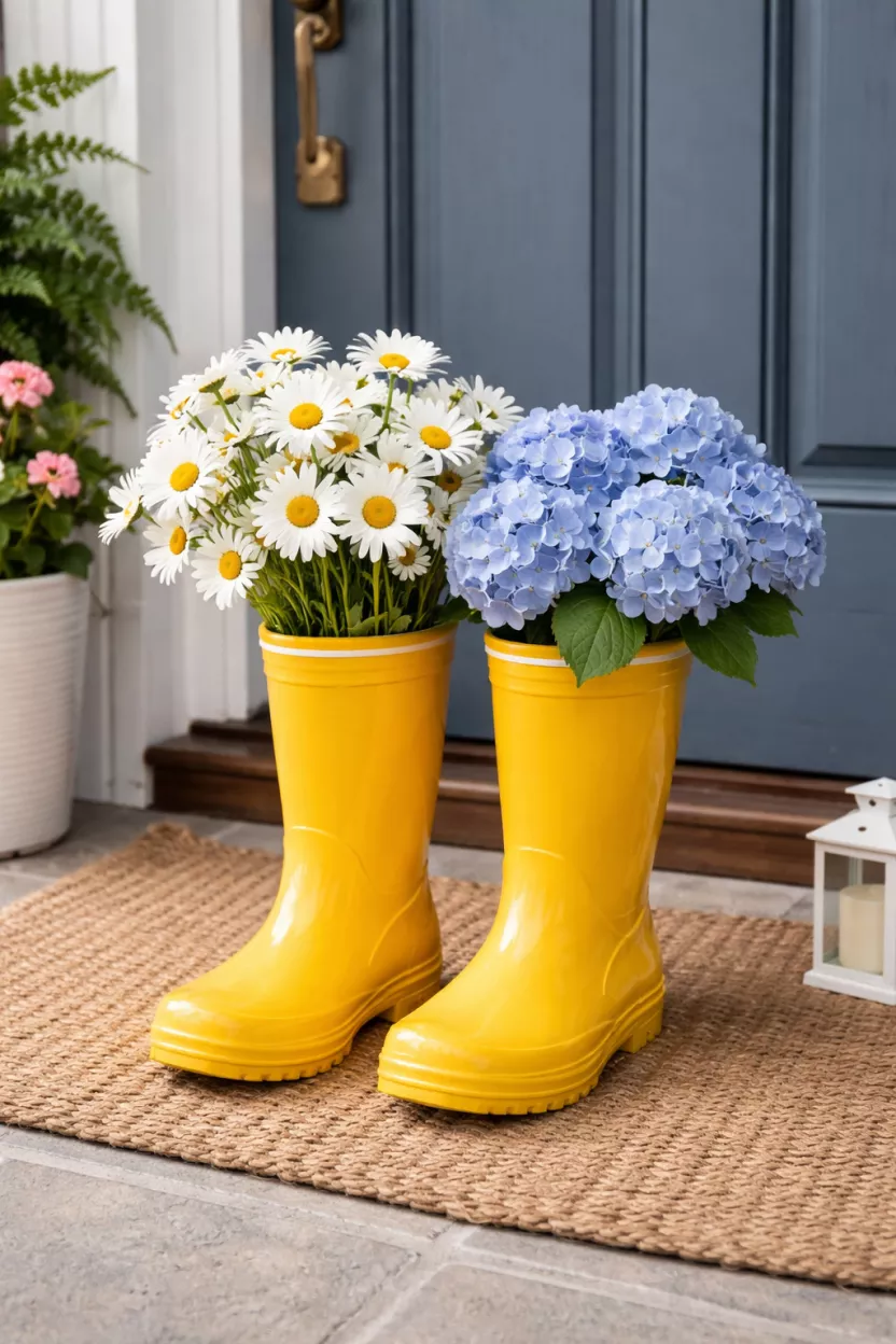 Pastel Painted Rain Boots A realistic photo of a front porch featuring a pair of bright yellow rubber rain boots acting as vases for a bunch of fresh white daisies and blue hydrangeas, sitting neatly on a woven jute rug next to the door.