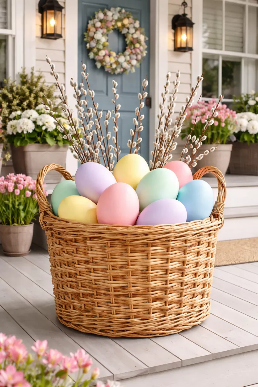 Jumbo Porch Easter Basket A realistic photo of a front porch featuring a giant oversized wicker basket sitting on the floor, filled with large pastel colored balls that look like giant eggs and several tall stems of pussy willow.