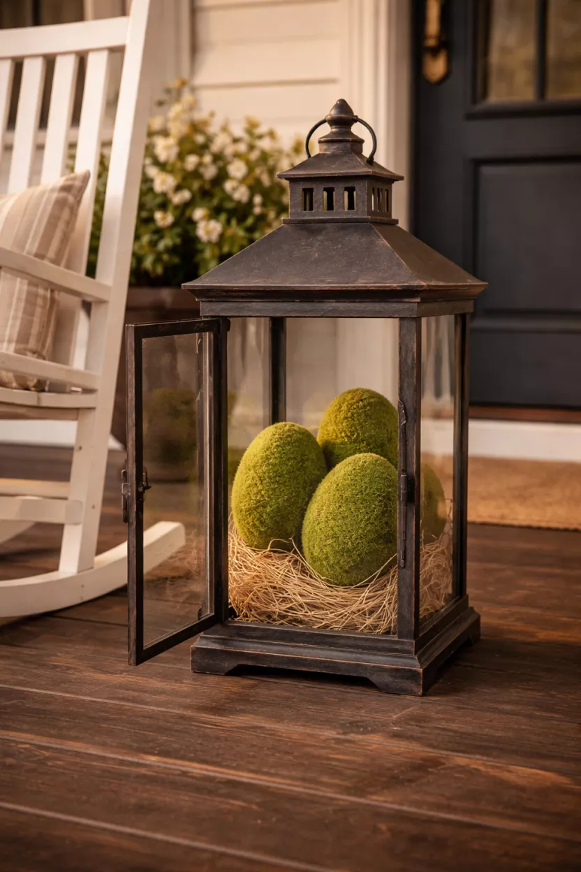 Grand Oversized Moss Eggs A realistic photo of a front porch showing three large decorative eggs covered in fuzzy green moss resting inside a vintage black metal lantern, positioned on a dark wood porch floor next to a white rocking chair under soft afternoon lighting.