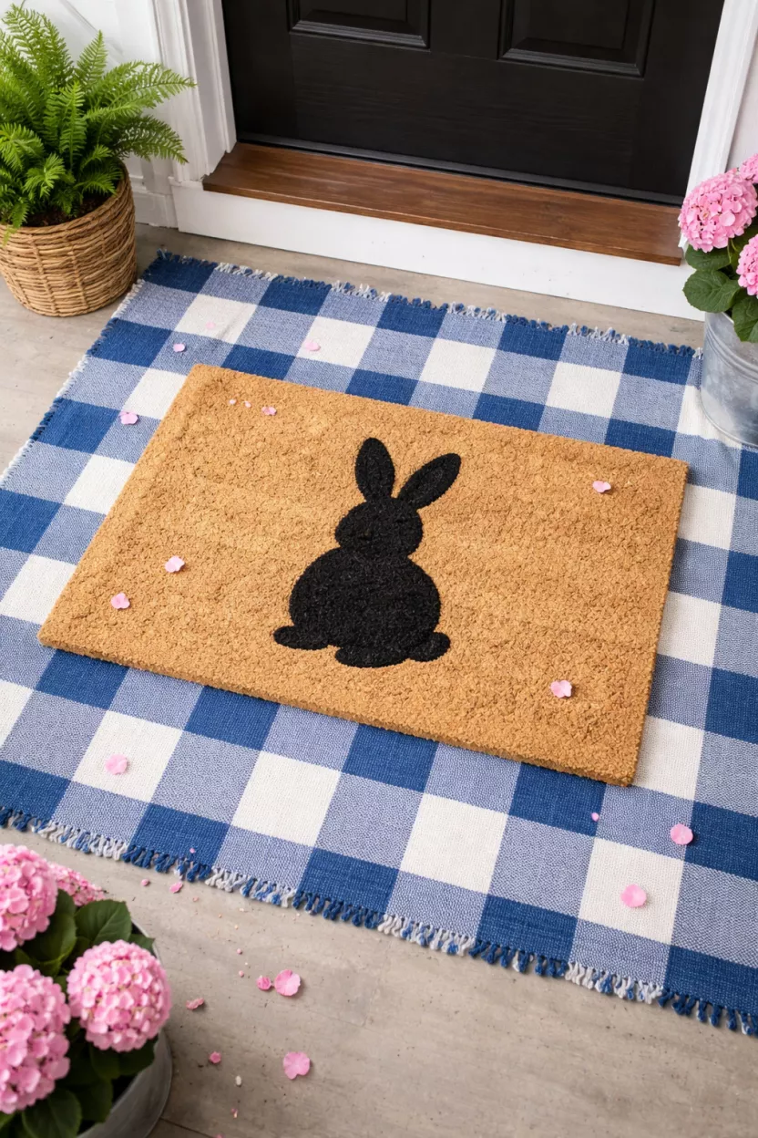 Layered Easter Welcome Mats A realistic photo of a front porch floor showing a small natural coir doormat with a black bunny stencil layered on top of a larger blue and white buffalo check outdoor rug, surrounded by a few stray pink flower petals.
