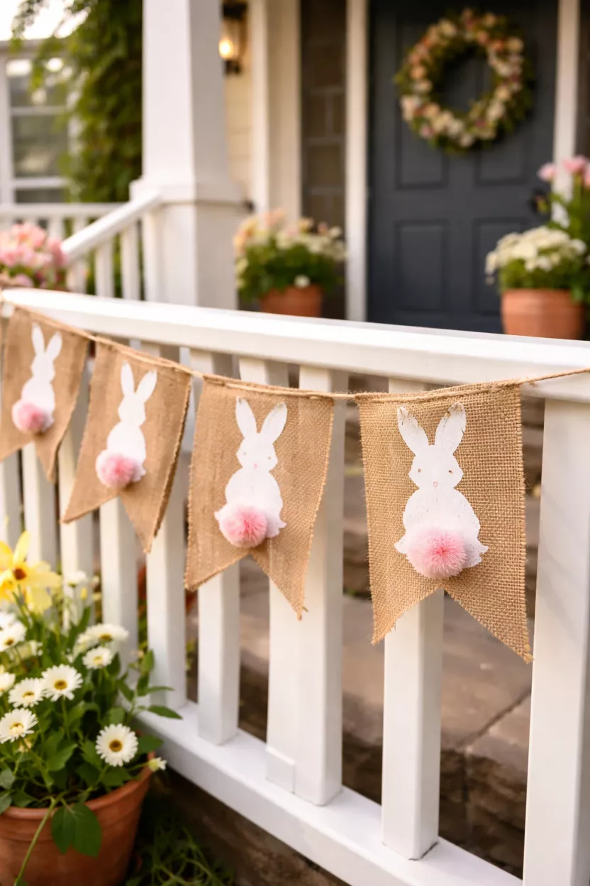 Bunny Trail Burlap Bunting A realistic photo of a front porch railing draped with a burlap banner featuring white painted bunny shapes with small pink fluffy cotton ball tails, swaying gently in the wind.