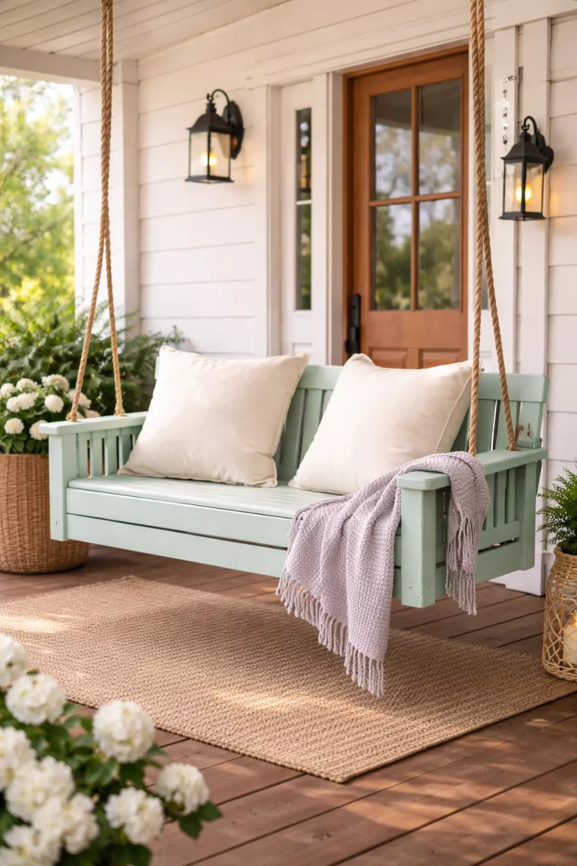 Pastel Painted Porch Swing A realistic photo of a front porch featuring a wooden porch swing painted a soft mint green, decorated with two cream colored outdoor pillows and a light purple knit throw blanket draped over the armrest.