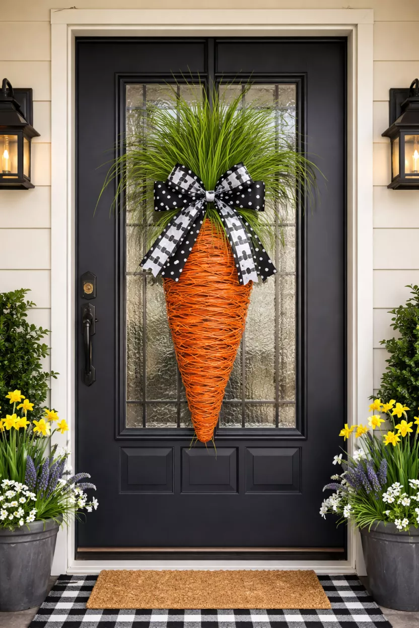 Oversized Carrot Door Hanger A realistic photo of a front porch door featuring a large door hanger shaped like a carrot made from orange painted grapevine, topped with long wispy green grass as the stem and a black and white polka dot bow.
