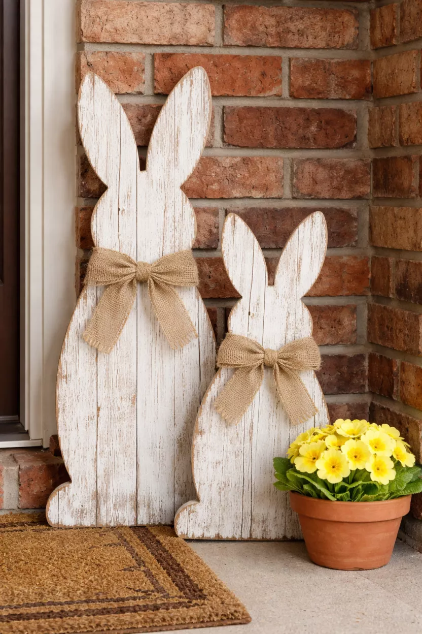 Rustic Wooden Bunny Cutouts A realistic photo of a front porch displaying two handcrafted weathered wood bunny silhouettes of varying heights leaning against a brick wall, adorned with simple tied burlap bows around their necks and standing next to a small terracotta pot of yellow primroses.