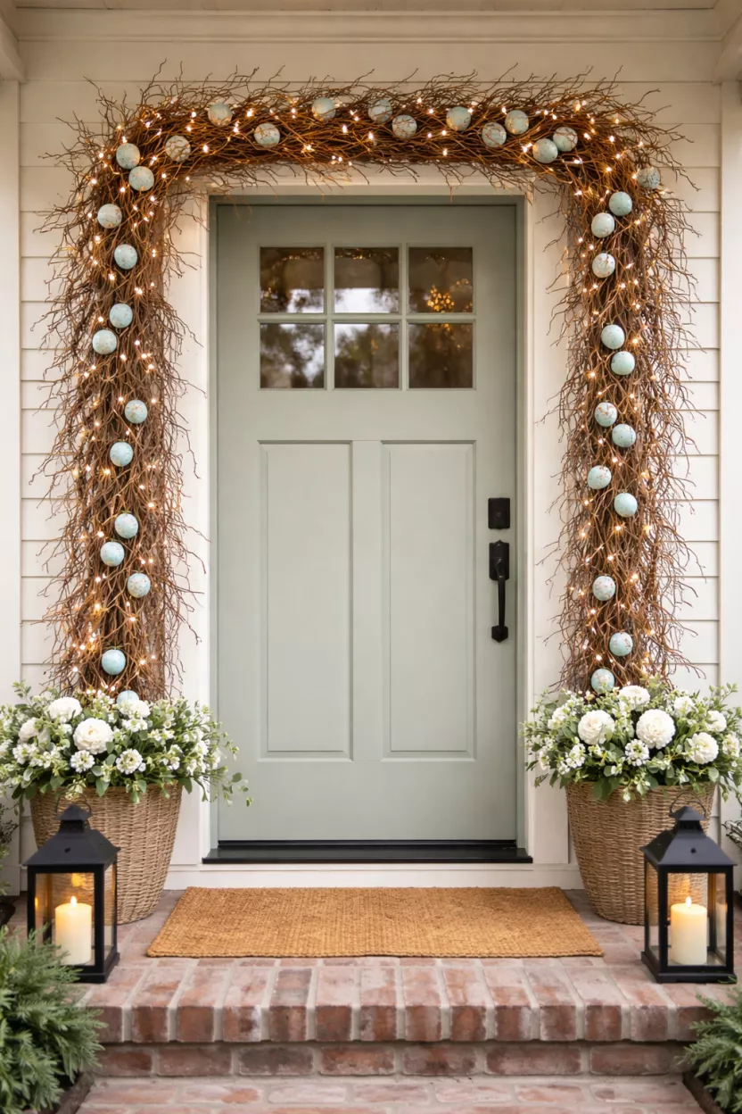 Woven Willow Branch Garland A realistic photo of a front porch door frame draped with a thick garland made of brown willow branches, intertwined with small white fairy lights and tiny pastel blue speckled eggs.