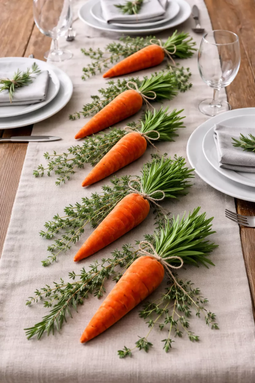 A realistic photo of a neutral beige linen table runner decorated with orange velvet carrots and small green herb sprigs, set with white ceramic plates and light gray cloth napkins.