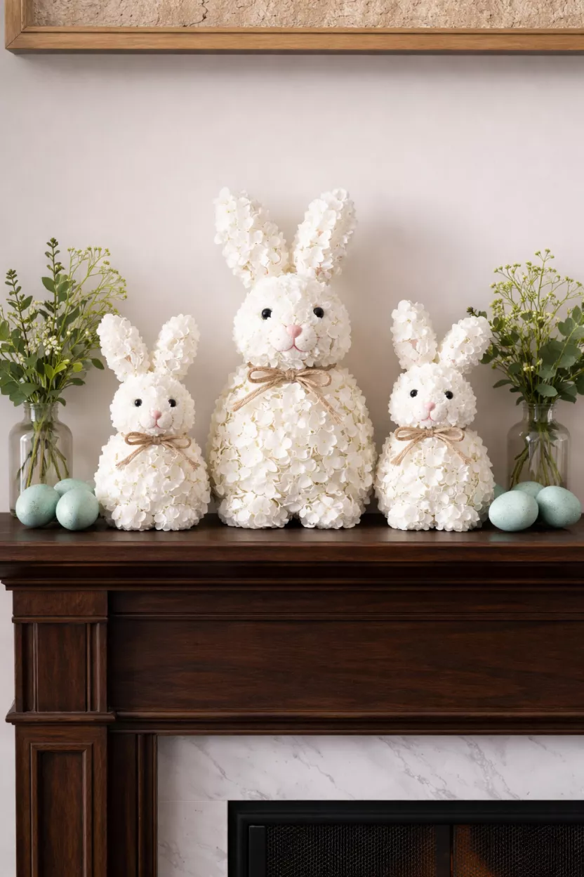 A realistic photo of three white faux hydrangea bunny figurines of varying heights arranged on a dark wood fireplace mantel, flanked by small glass vases of fresh greenery and speckled pastel blue eggs.