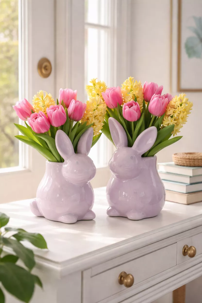 A realistic photo of two light lavender ceramic bunny shaped vases filled with bright pink tulips and yellow hyacinths, sitting on a sunlit white entryway console table next to a stack of books.
