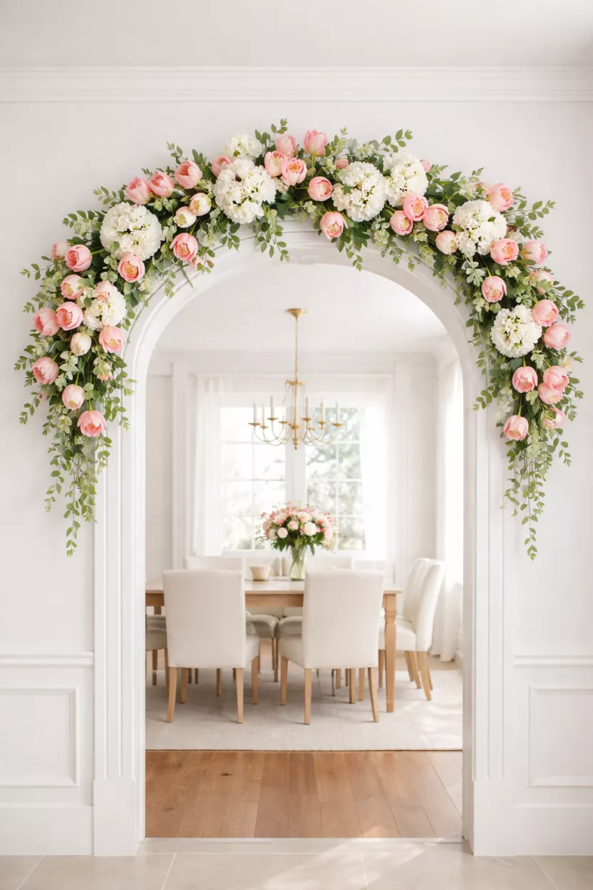 A realistic photo of a lush silk garland with pink tulips and white hydrangeas draped over a white arched doorway leading into a bright dining room.