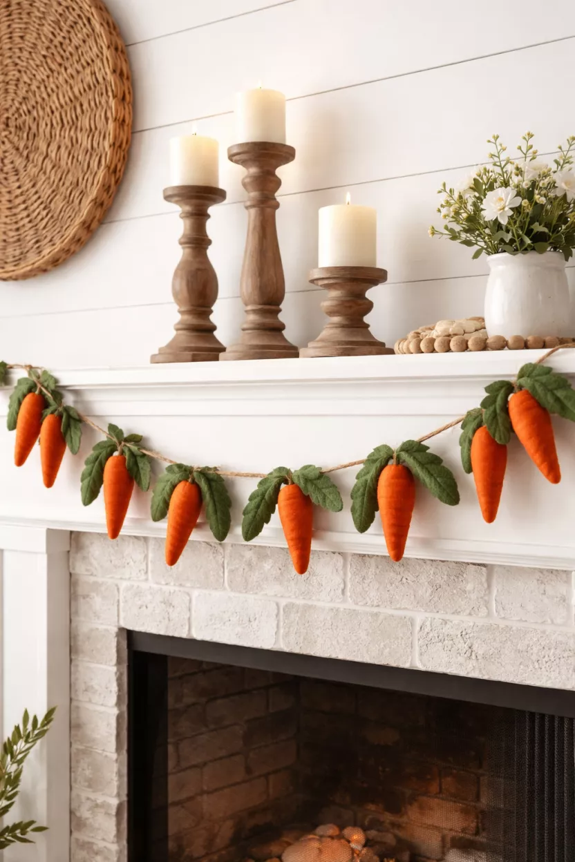 A realistic photo of a long garland made of orange velvet carrots and green felt leaves draped across a white fireplace mantel decorated with rustic wooden candlesticks.