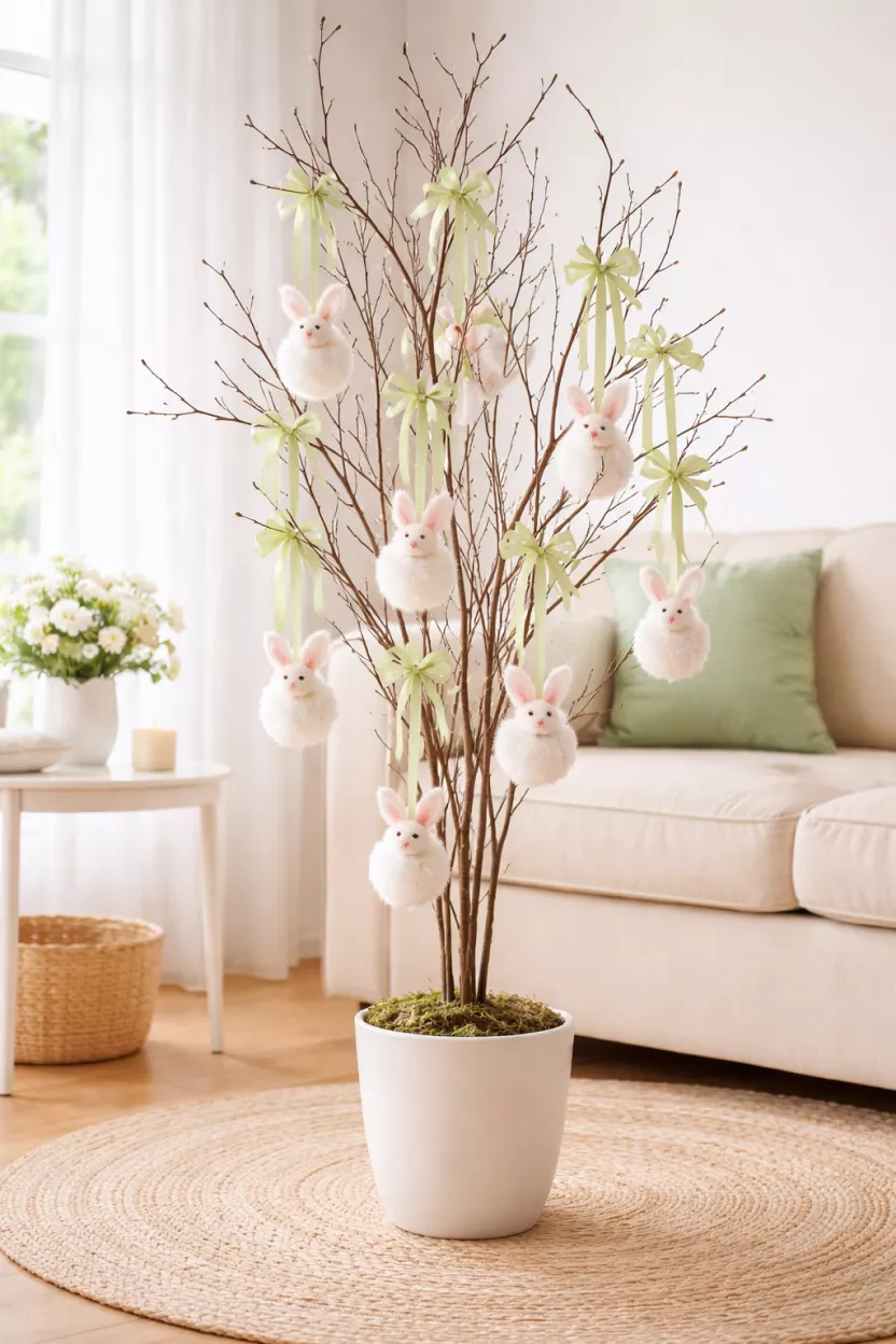 A realistic photo of a tall thin twig tree standing in a white pot, decorated with small white faux fur bunnies and light green ribbons in a bright living room corner.