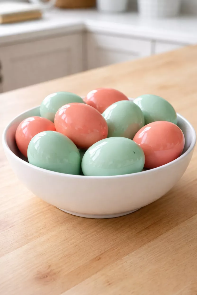 A realistic photo of a white ceramic bowl filled with glossy mint green and coral pink glazed ceramic eggs, resting on a light wood kitchen counter.