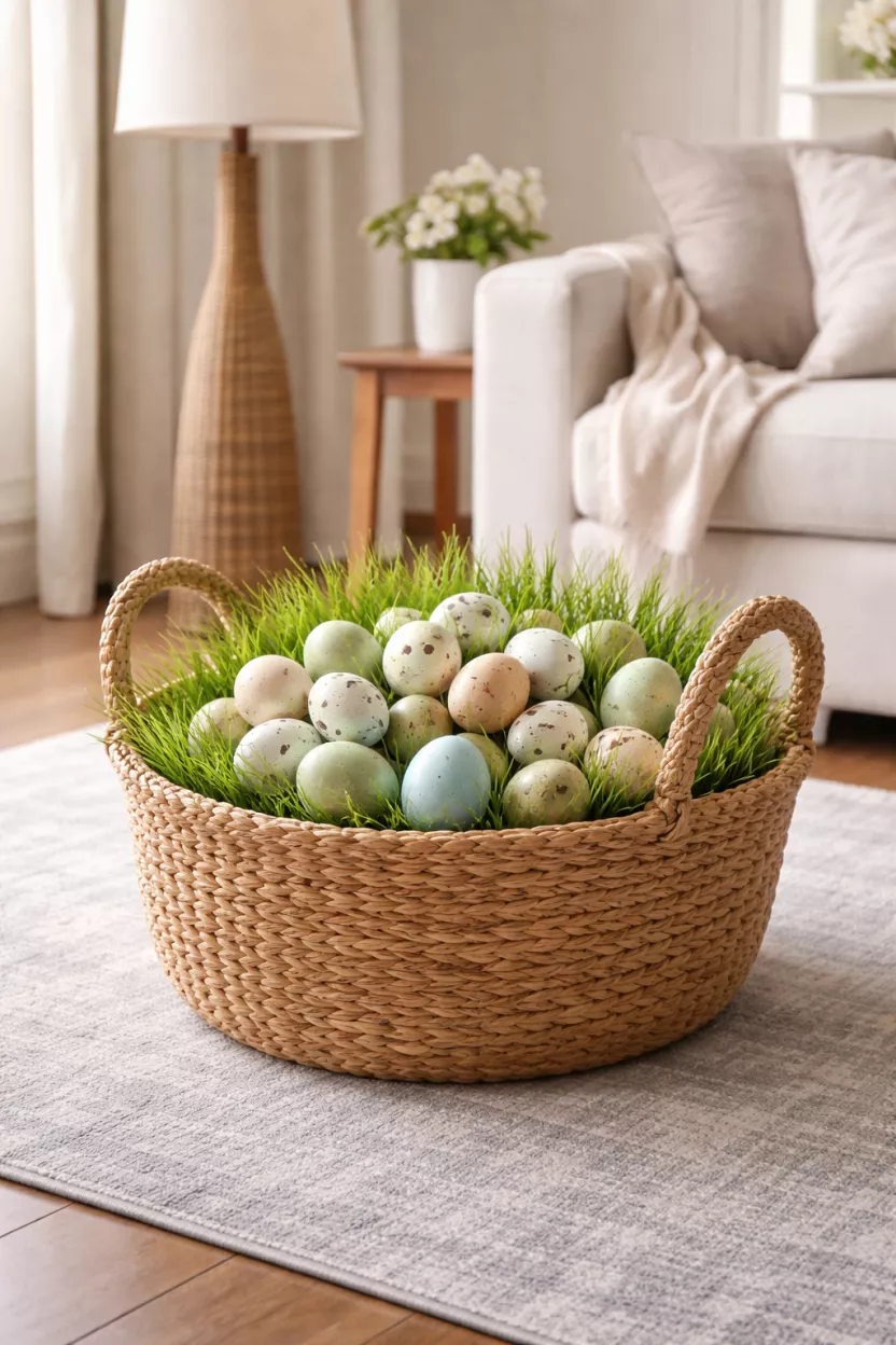 A realistic photo of a living room floor featuring a large seagrass basket filled with speckled decorative eggs and faux green grass, sitting on a light gray area rug near a tall floor lamp.