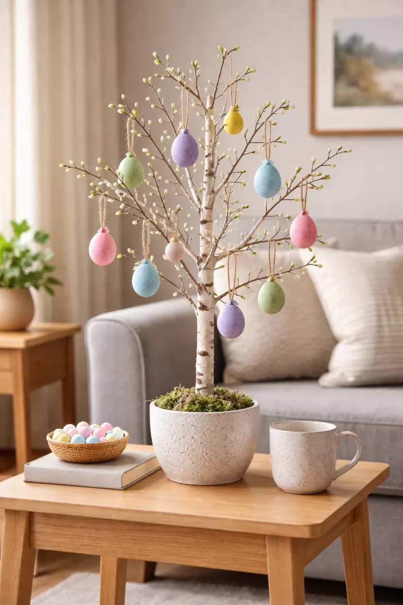 A realistic photo of a living room corner with a small tabletop birch tree decorated with tiny colorful egg ornaments, sitting on a light wood end table.