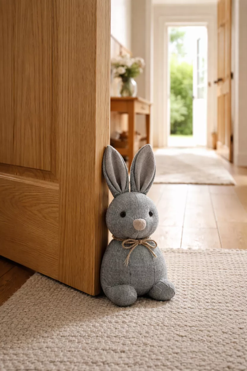 A realistic photo of a living room doorway with a heavy gray fabric bunny doorstop holding a wooden door open, with a bright sunlit hallway visible in the distance.